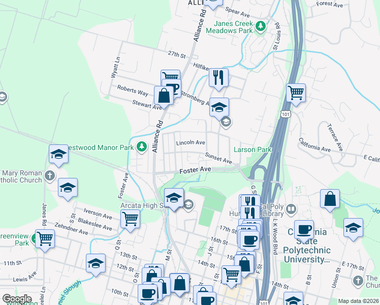 map of restaurants, bars, coffee shops, grocery stores, and more near 1285-1315 Lincoln Avenue in Arcata