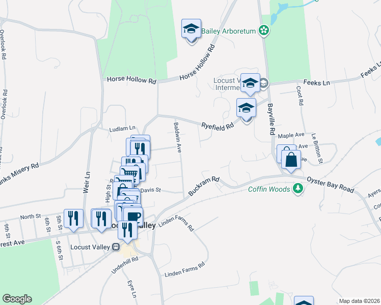 map of restaurants, bars, coffee shops, grocery stores, and more near 6 Coriegarth Lane in Locust Valley