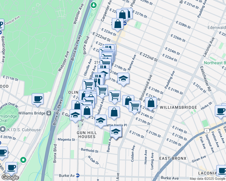 map of restaurants, bars, coffee shops, grocery stores, and more near 769 East 216th Street in The Bronx