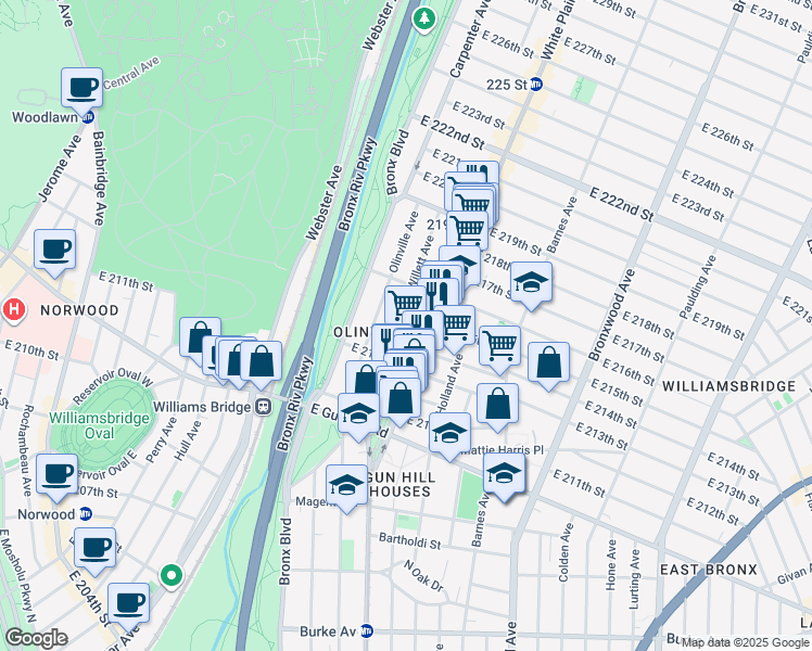 map of restaurants, bars, coffee shops, grocery stores, and more near 3651 Willett Avenue in The Bronx