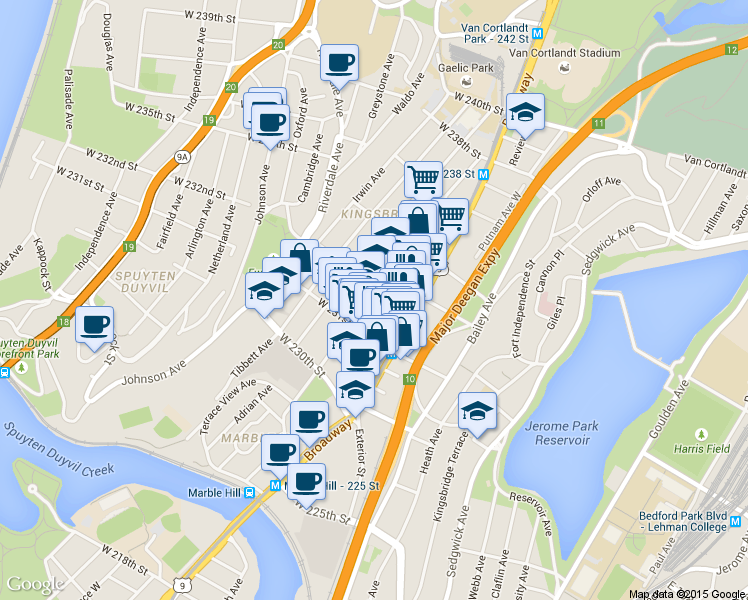 map of restaurants, bars, coffee shops, grocery stores, and more near 3204 Kingsbridge Avenue in Bronx