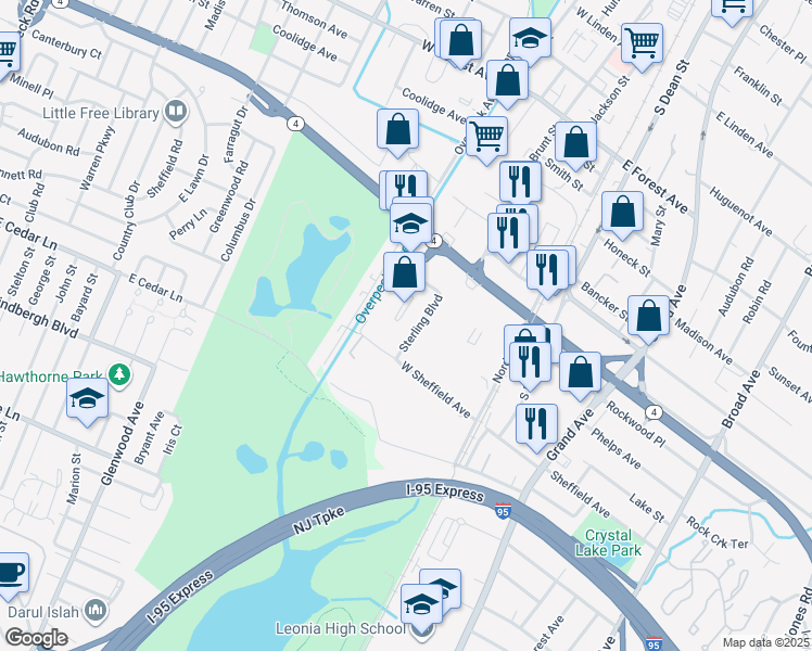 map of restaurants, bars, coffee shops, grocery stores, and more near 2206 Sterling Boulevard in Englewood