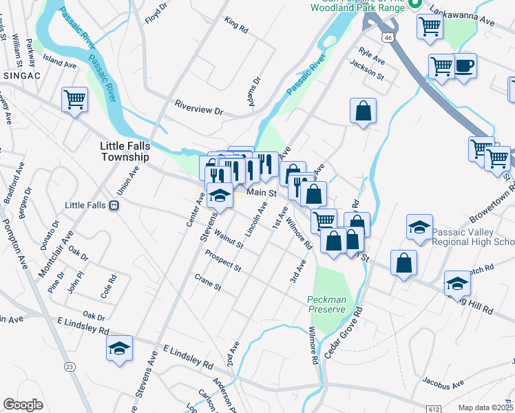 map of restaurants, bars, coffee shops, grocery stores, and more near 41 Main Street in Little Falls