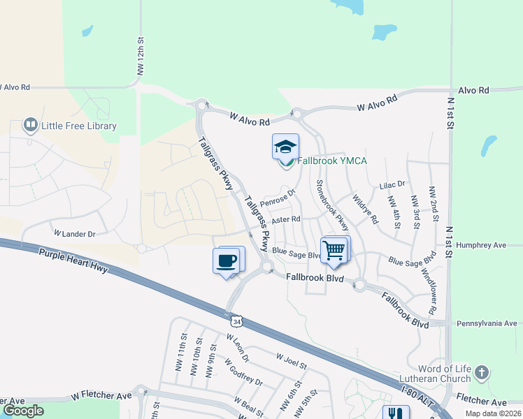 map of restaurants, bars, coffee shops, grocery stores, and more near 845 Penrose Drive in Lincoln