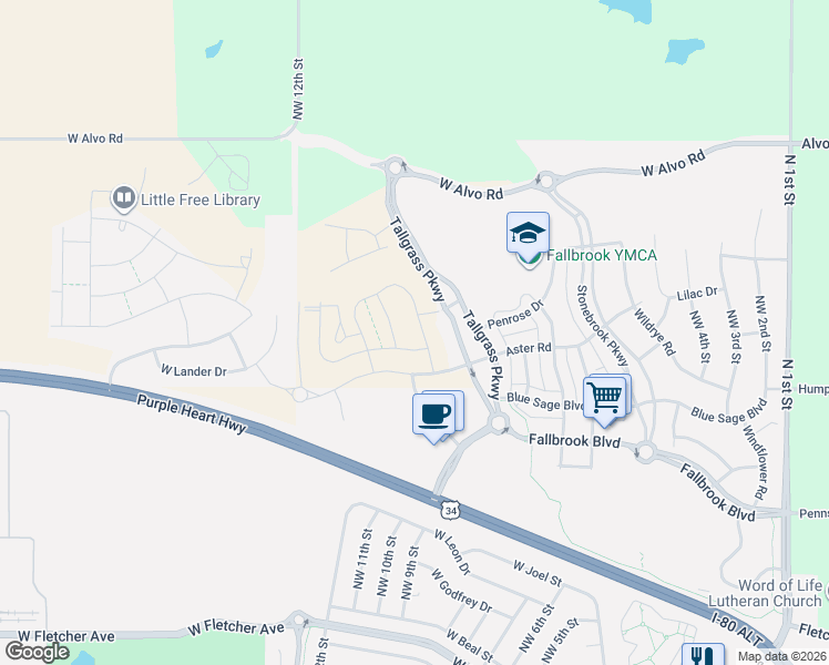 map of restaurants, bars, coffee shops, grocery stores, and more near Penrose Drive in Lincoln
