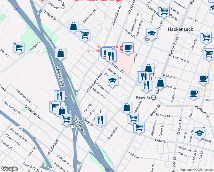 map of restaurants, bars, coffee shops, grocery stores, and more near 329 Simons Avenue in Hackensack
