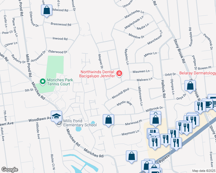 map of restaurants, bars, coffee shops, grocery stores, and more near 46 Malvern Lane in Stony Brook