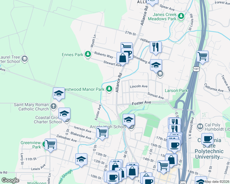 map of restaurants, bars, coffee shops, grocery stores, and more near 2220 Wisteria Way in Arcata