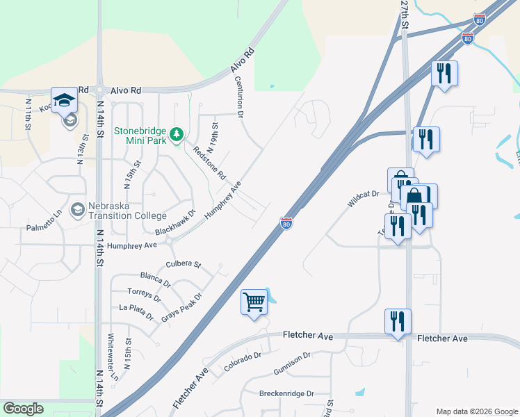 map of restaurants, bars, coffee shops, grocery stores, and more near 1961 West Shane Drive in Lincoln