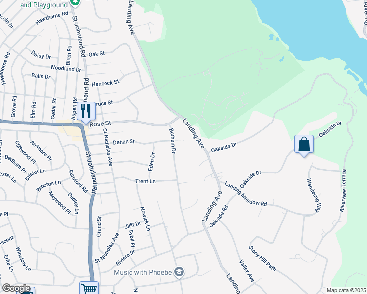 map of restaurants, bars, coffee shops, grocery stores, and more near 56 Dehan Street in Smithtown