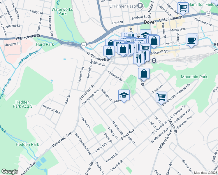 map of restaurants, bars, coffee shops, grocery stores, and more near 1 Spruce Street in Dover
