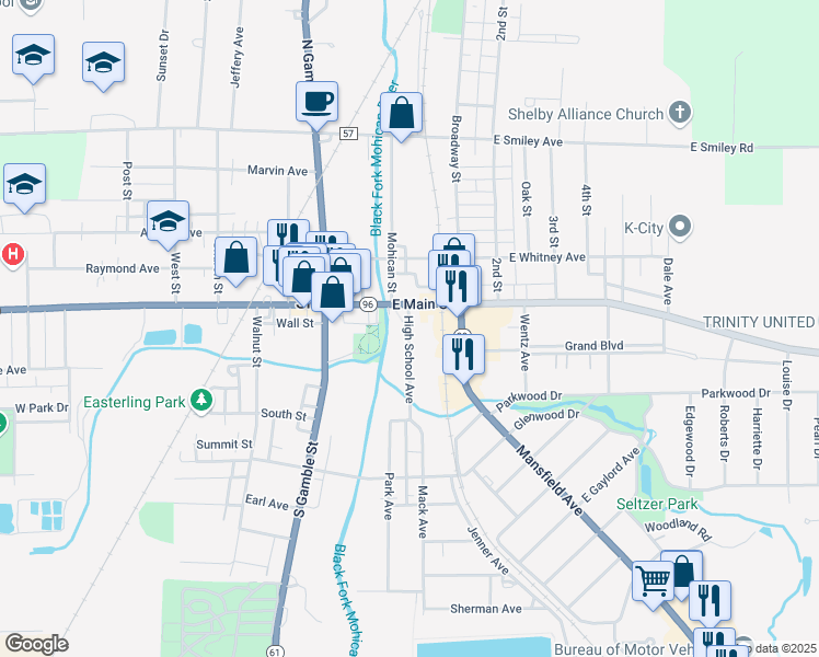 map of restaurants, bars, coffee shops, grocery stores, and more near 25 High School Avenue in Shelby