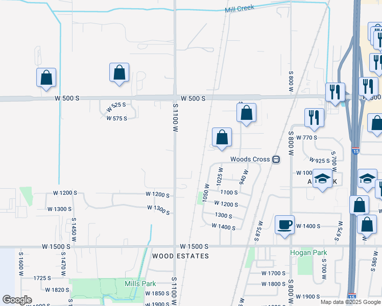 map of restaurants, bars, coffee shops, grocery stores, and more near 1069 West Linden Lane in Woods Cross