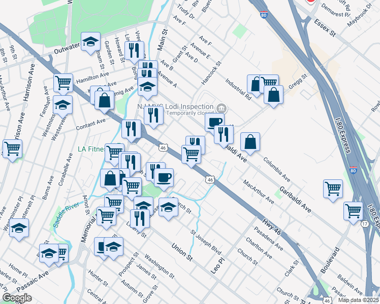 map of restaurants, bars, coffee shops, grocery stores, and more near 95 U.S. 46 in Lodi