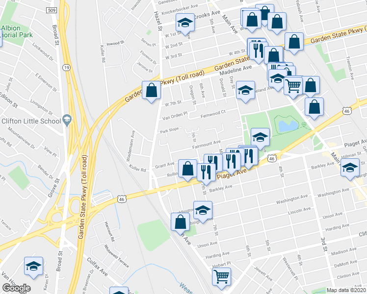 map of restaurants, bars, coffee shops, grocery stores, and more near 114 Fairmount Avenue in Clifton