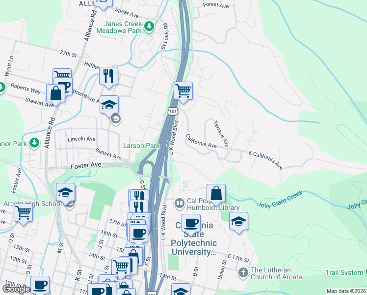 map of restaurants, bars, coffee shops, grocery stores, and more near 2925 Evergreen Avenue in Arcata