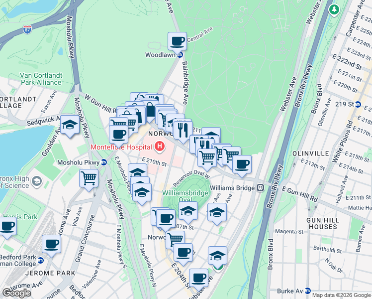 map of restaurants, bars, coffee shops, grocery stores, and more near E Gun Hill Rd & Wayne Ave in Bronx