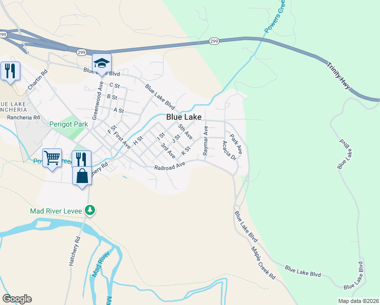 map of restaurants, bars, coffee shops, grocery stores, and more near 750-756 4th Ave in Blue Lake