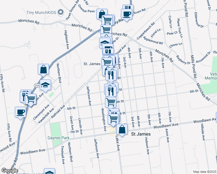 map of restaurants, bars, coffee shops, grocery stores, and more near 160 3rd Street in Saint James