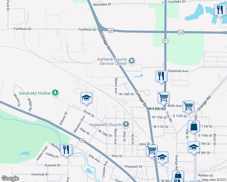 map of restaurants, bars, coffee shops, grocery stores, and more near 1506 Myers Avenue in Ashland