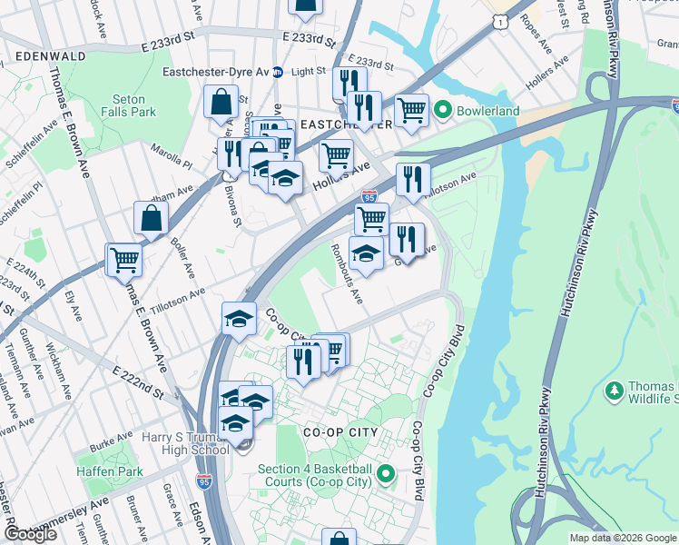 map of restaurants, bars, coffee shops, grocery stores, and more near 3321 Rombouts Avenue in Bronx