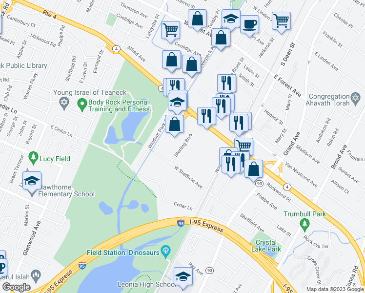 map of restaurants, bars, coffee shops, grocery stores, and more near 140 Sterling Boulevard in Englewood