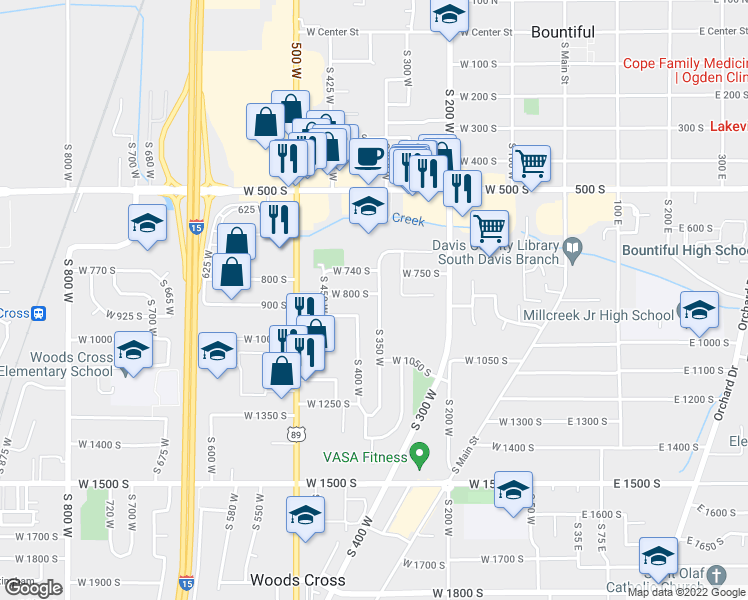map of restaurants, bars, coffee shops, grocery stores, and more near 353 West 800 South in Bountiful