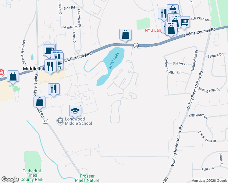 map of restaurants, bars, coffee shops, grocery stores, and more near 197 Lake Pointe Circle in Middle Island