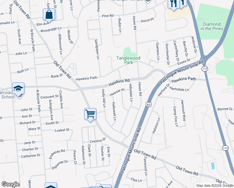 map of restaurants, bars, coffee shops, grocery stores, and more near 8 Hawser Place in Coram
