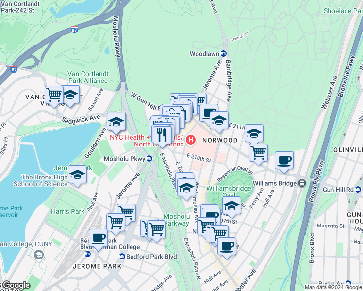 map of restaurants, bars, coffee shops, grocery stores, and more near 3424 Dekalb Avenue in Bronx