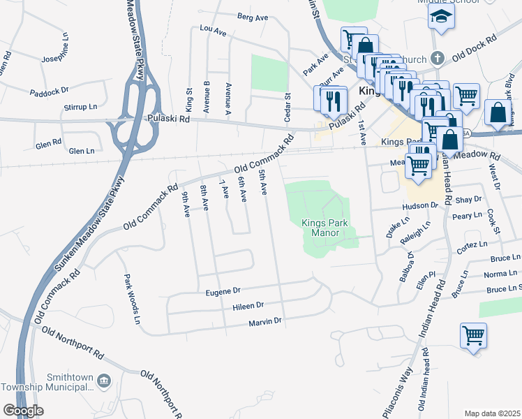map of restaurants, bars, coffee shops, grocery stores, and more near 77 5th Avenue in Kings Park