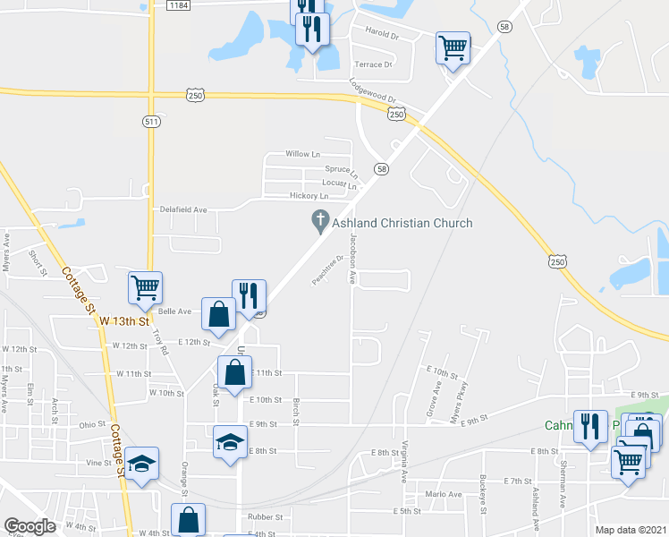 map of restaurants, bars, coffee shops, grocery stores, and more near 1423 Peachtree Drive in Ashland