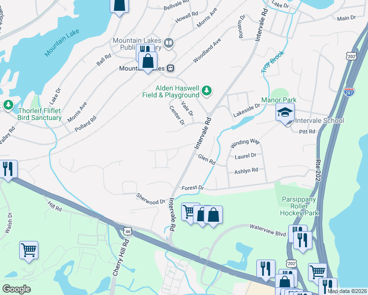 map of restaurants, bars, coffee shops, grocery stores, and more near 11 Yorke Road in Mountain Lakes