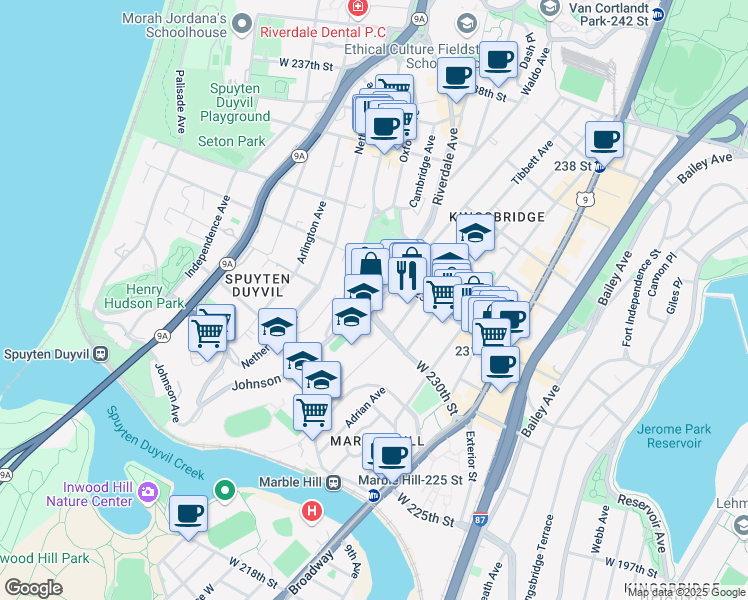 map of restaurants, bars, coffee shops, grocery stores, and more near 5030 Riverdale Avenue in The Bronx