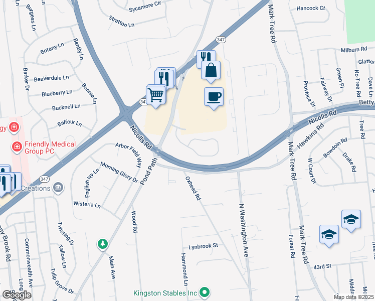 map of restaurants, bars, coffee shops, grocery stores, and more near 12 Sunflower Ridge Road in Centereach