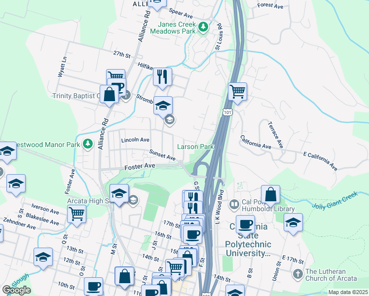 map of restaurants, bars, coffee shops, grocery stores, and more near 2261 Jay Street in Arcata