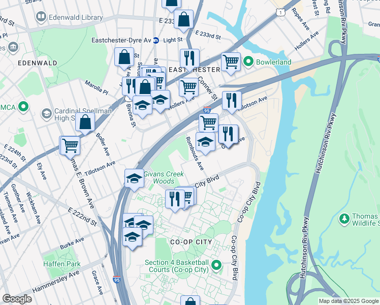 map of restaurants, bars, coffee shops, grocery stores, and more near 3321 Rombouts Avenue in Bronx