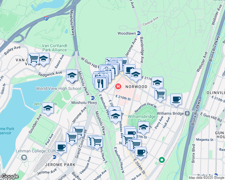 map of restaurants, bars, coffee shops, grocery stores, and more near 3421 Dekalb Avenue in Bronx
