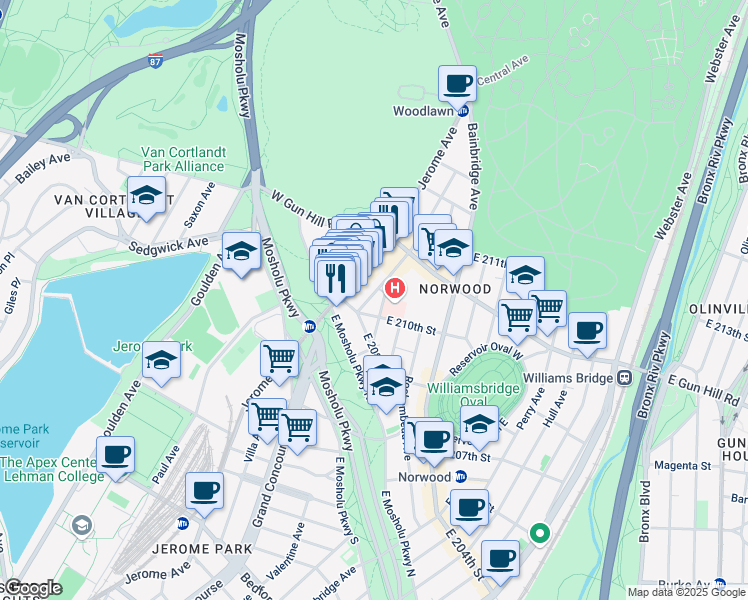 map of restaurants, bars, coffee shops, grocery stores, and more near 3421 Dekalb Avenue in Bronx