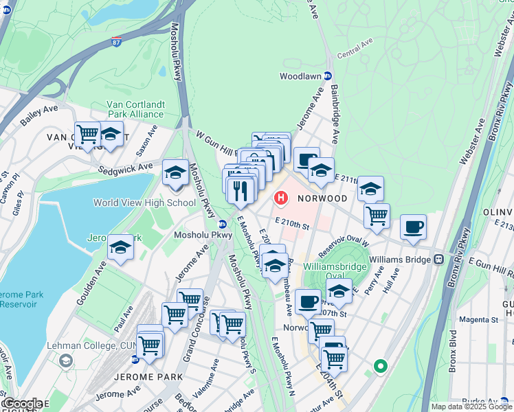 map of restaurants, bars, coffee shops, grocery stores, and more near 3421 Dekalb Avenue in Bronx