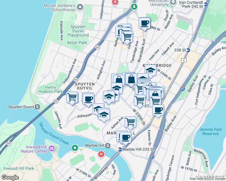 map of restaurants, bars, coffee shops, grocery stores, and more near 3030 Johnson Avenue in The Bronx