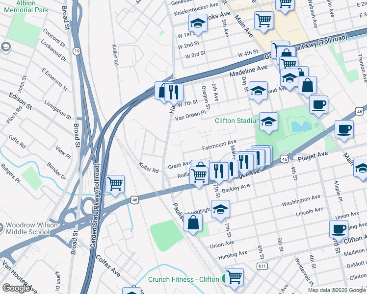 map of restaurants, bars, coffee shops, grocery stores, and more near 72 Martha Avenue in Clifton