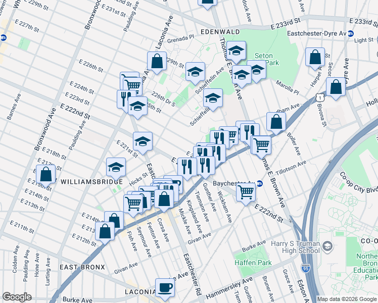 map of restaurants, bars, coffee shops, grocery stores, and more near 1283 East 223rd Street in The Bronx