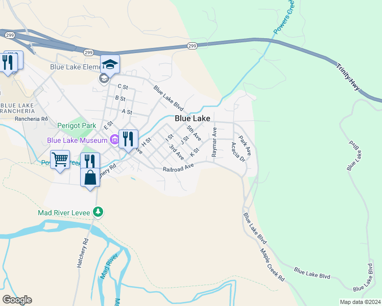 map of restaurants, bars, coffee shops, grocery stores, and more near 750 4th Avenue in Blue Lake