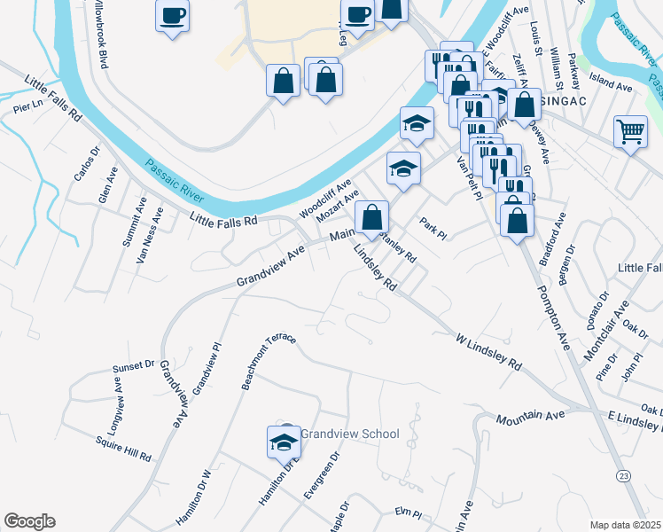map of restaurants, bars, coffee shops, grocery stores, and more near 23 Lindsley Road in Caldwell