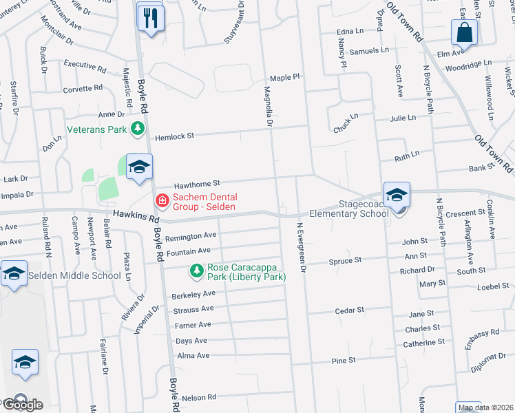 map of restaurants, bars, coffee shops, grocery stores, and more near 531 Hawkins Road in Selden