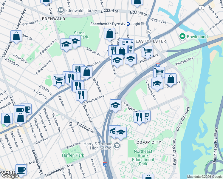 map of restaurants, bars, coffee shops, grocery stores, and more near 3408 Wright Avenue in Bronx