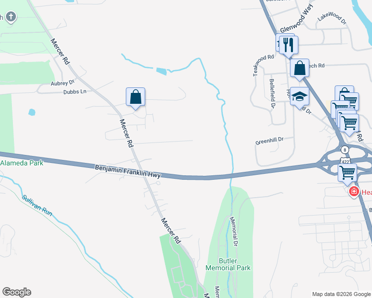 map of restaurants, bars, coffee shops, grocery stores, and more near 156 Victor Road in Butler