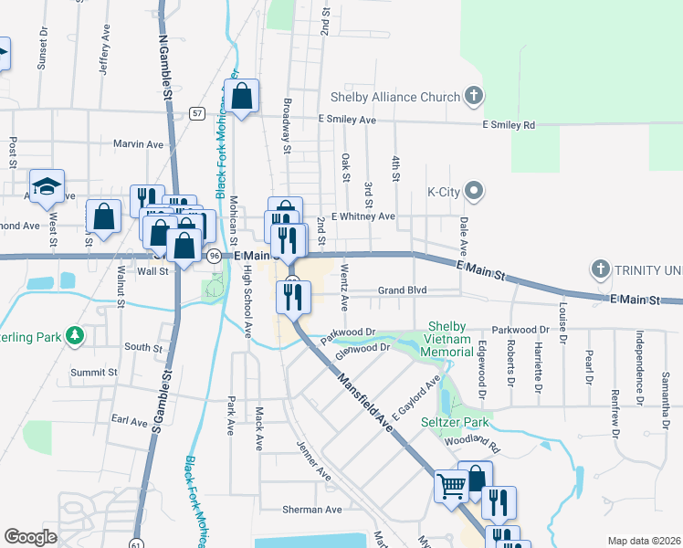 map of restaurants, bars, coffee shops, grocery stores, and more near 92 East Main Street in Shelby