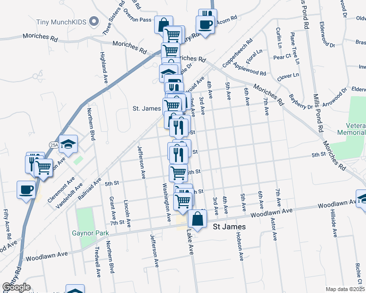 map of restaurants, bars, coffee shops, grocery stores, and more near 409 Lake Avenue in Saint James